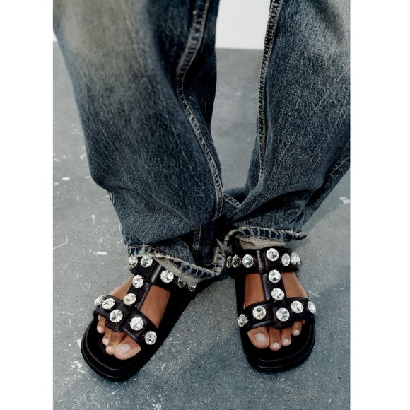 BLOGGER'S FAVE! Zara Faux Leather Gem Sandals Black NWT - Picture 5 of 13